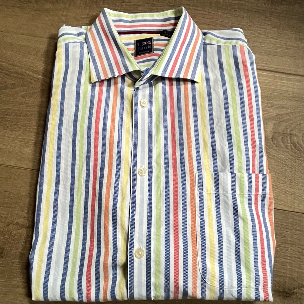T Harris London Men XXL Multi Striped Button Up LS Shirt Cotton Office Business